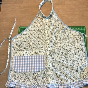 Upcycled Floral Blue Apron with Gingham Pocket Large NWOT